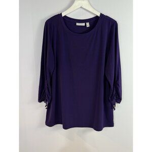 Susan Graver Women's Liquid Knit Top Tunic Sz L Ruched Beaded sleeve Purple
